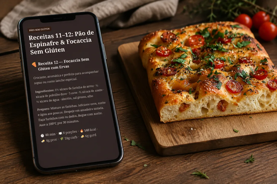 Receita de focaccia sem glúten no celular ao lado de uma focaccia assada