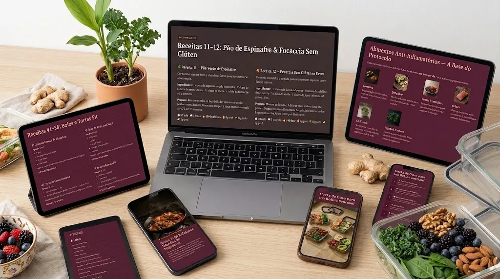 Páginas de receitas do método exibidas em diversos dispositivos