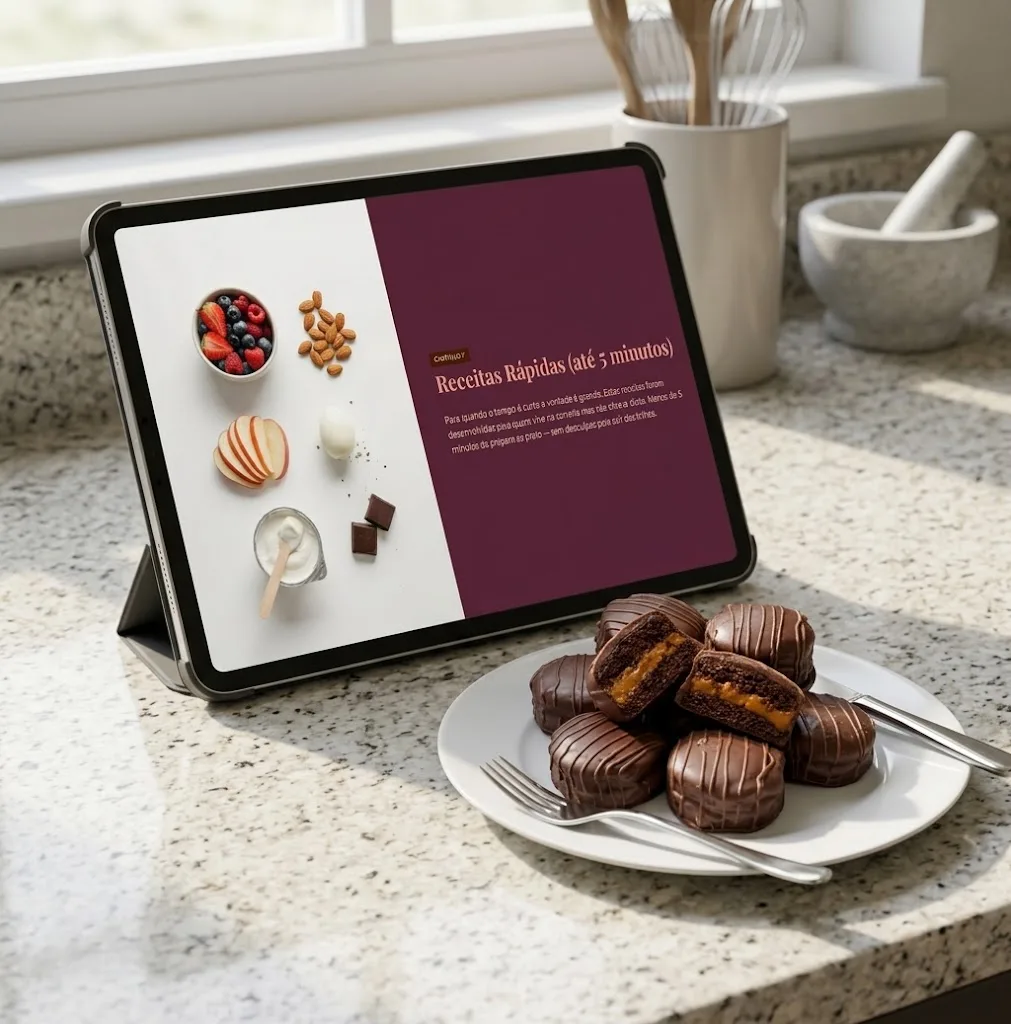 Tablet com capítulo de receitas rápidas ao lado de doces proteicos