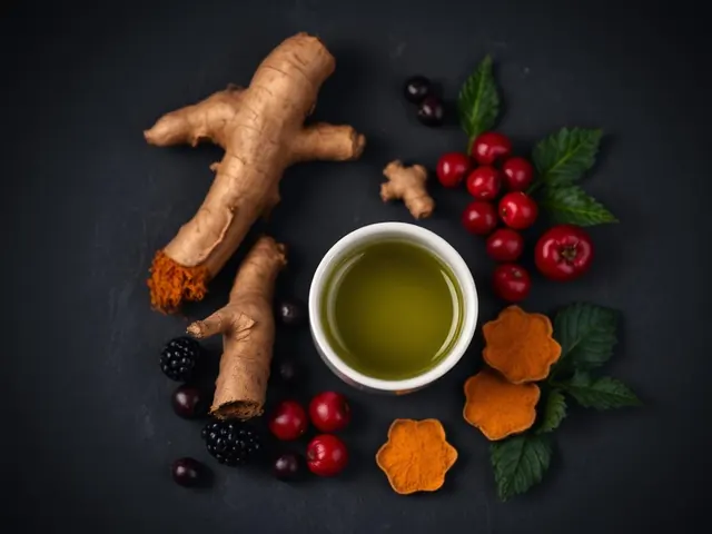 Cúrcuma, gengibre, chá verde e frutas vermelhas dispostos sobre ardósia escura