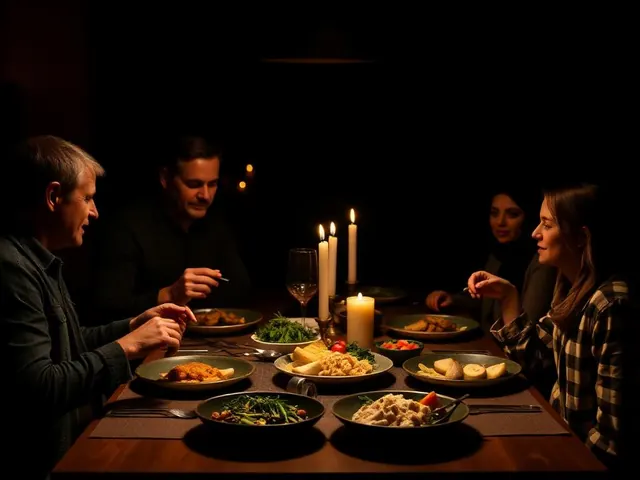 Família reunida à mesa jantando pratos equilibrados