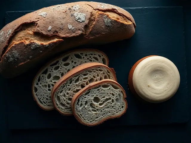 Pães artesanais sem glúten fatiados e bolo sem lactose sobre ardósia escura