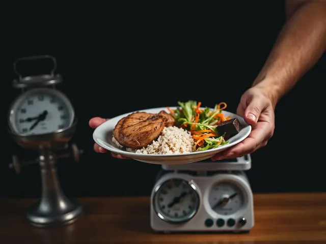 Prato equilibrado com frango, arroz, salada e um pedaço de chocolate ao lado de uma balança de cozinha
